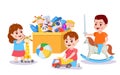 Kid playing with toys. Children and box with toy cars, blocks and bear. Boy play pretending on rocking horse. Kids activity vector Royalty Free Stock Photo