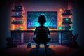 Kid Playing Video Games In His Room, Back View - Generative AI Royalty Free Stock Photo