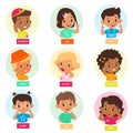 Kid pointing face part. Cute children denote facial features, show forehead, cheek, eyes and nose, educational games for