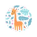 Kid print with giraffe and leaves in a round shape. Cute pajama design. Childrens background for clothes