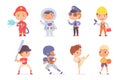 Kid professions set. Boys with professional occupations vector illustration. Children as fireman, astronaut, police