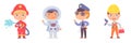 Kid professions set. Cute boys with professional occupations vector illustration. Children as fireman with hose