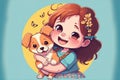 Kid and puppy are best friends, happy little girl hugging his pet, illustration Royalty Free Stock Photo