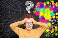 Kid with question marks on background with science and arts scetch Royalty Free Stock Photo