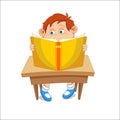 Kid, reading open book, sitting at the table, vector illustration Royalty Free Stock Photo