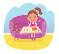 Kid reading open story book with laugh vector illustration. Cartoon little childr sitting in chair with teddy bear, cute Royalty Free Stock Photo