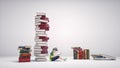 Kid reading and sit at side of book stack