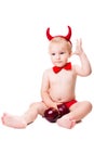 Kid in red suit of tempting devil Royalty Free Stock Photo