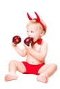 Kid in red suit of tempting devil Royalty Free Stock Photo