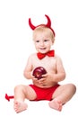 Kid in red suit of tempting devil Royalty Free Stock Photo