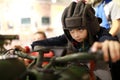 Kid on retro military motorcycle M-72 Royalty Free Stock Photo