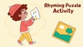 Kid rhyming puzzle activity, classroom learn, literacy skill, word game, vector design Generative AI