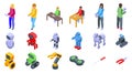 Kid robot class icons set. Robotics engineering team working on innovative project, developing and programming robots Royalty Free Stock Photo