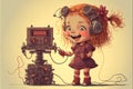 Kid and robot having fun, little girl plays with her funny android, illustration, generative AI