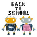 Kid robots going back to school illustration. Cartoon schoolmates. Hand drawn style