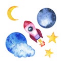 Kid rocket planet, moon, cloud and stars set. Watercolor.