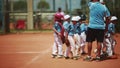 Kid`s baseball team with coaches right before a game