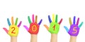 Kid`s colorful hands forming number 2015. Royalty Free Stock Photo