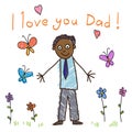 Kid`s drawing. Father`s day. I love you dad! Vector illustration