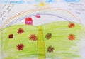 Kid`s drawing with flowers and colorful rainbow Royalty Free Stock Photo