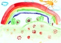 Kid& x27;s drawing with flowers and colorful rainbow Royalty Free Stock Photo