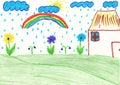 Kid& x27;s drawing with flowers and colorful rainbow Royalty Free Stock Photo