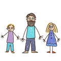 Kid`s drawing. Single father with daughter and son. Vector illustration