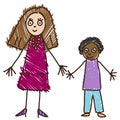 Kid`s drawing. Single mother with adopted African ethnicity son. Vector illustration