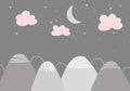 Kid\'s hand-drawn wallpaper decor in scandinavian style with mountain landscape, clouds and sleeping moon.