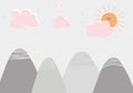 Kid\'s hand-drawn wallpaper decor in scandinavian style with mountain landscape, clouds and smiling sun.