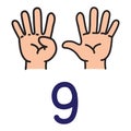 Kid`s hand showing the number nine hand sign.