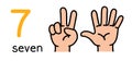 7, Kid`s hand showing the number seven hand sign.