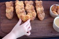 kid& x27;s hand taking heart shaped cookie. home made cookies concept. valentine& x27;s day cooking Royalty Free Stock Photo