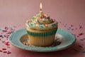 Kid\'s Party Funfetti Cupcake with Rainbow Sprinkles Candle image Generated by Ai