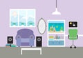 Kid`s room with armchair and aquarium, with chair and desk in wo