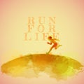 Kid`s running silhouette on watercolor background. Runner vector illustration. Digital art painting. Royalty Free Stock Photo