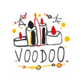 Kid s style drawing Voodoo magic logo or label template design with stars and candles. Spiritual theme creative print