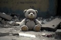 Kid\'s teddy bear lost among ruins of the house. Generative AI Royalty Free Stock Photo