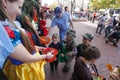 Kid safely trick or treating along Pearl street