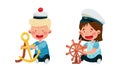 Kid sailors set. Little boys and girl in sailor costumes steering wheel and anchor cartoon vector illustration Royalty Free Stock Photo