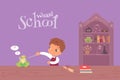 Kid in school of magic at class. Boy with wand casting spell on toad in classroom vector illustration. Harry Potter Royalty Free Stock Photo