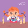 Kid in school of magic at class looking at ball. Girl with magic ball and candles in classroom vector illustration Royalty Free Stock Photo