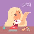 Kid in school of magic at class reading parchment. Girl with paper, books, potions in classroom vector illustration Royalty Free Stock Photo