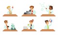 Kid Scientists Set, Boys and Girls Doing Experiments in the Laboratory Vector Illustration