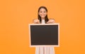 kid seasonal fashion sales. carefree beauty show blackboard. smiling kid hold board. little child advertises beach