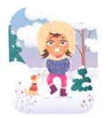 Kid shivering cold winter weather, chills, tremble and shivers of girl while walking dog Royalty Free Stock Photo