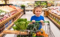 Kid with shopping cart at grocery store. Child buying fruit in supermarket. Little boy buy fresh vegetables in grocery Royalty Free Stock Photo