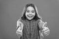 Kid show thumb up. Girl happy totally in love fond of or highly recommend. Thumb up approvement. Girl cute child show