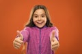 Kid show thumb up. Girl happy totally in love fond of or highly recommend. Thumb up approvement. Girl cute child show Royalty Free Stock Photo