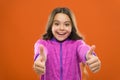 Kid show thumb up. Girl happy totally in love fond of or highly recommend. Thumb up approvement. Girl cute child show
